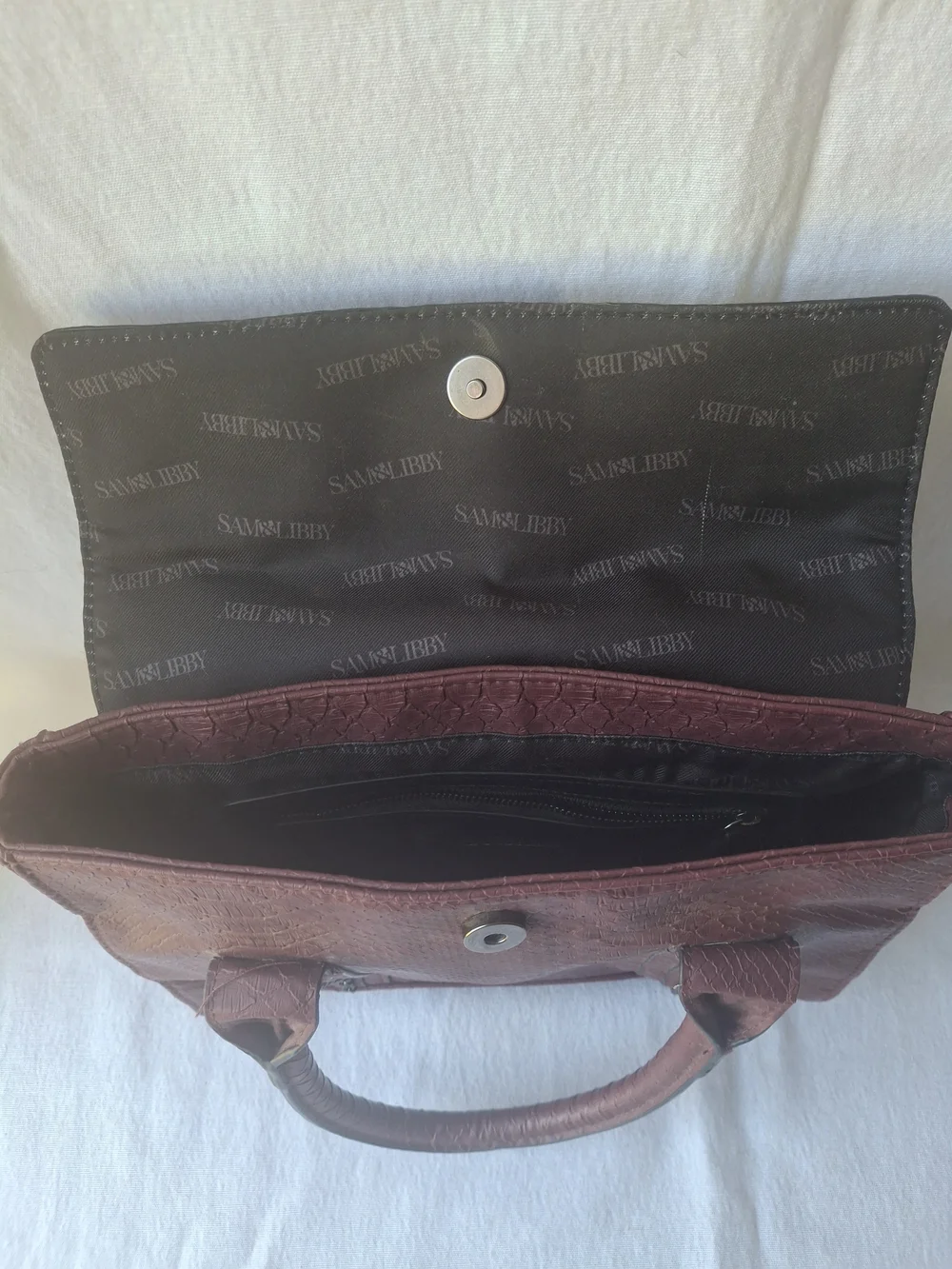 Structured Satchel Bag in Burgundy Faux-Snake with Chain Accents